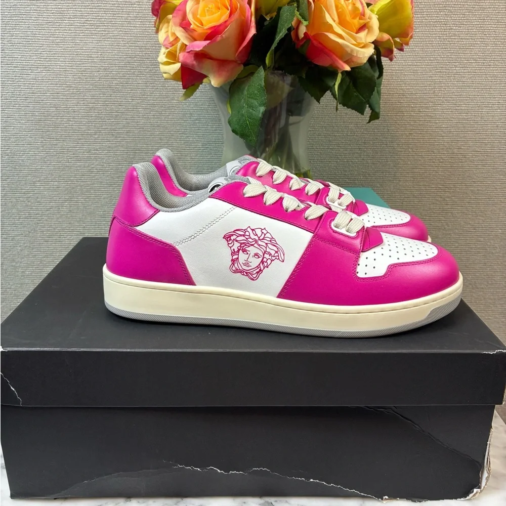 NWT Versace Women’s White & Pink Vitello Leather Sneakers - EU Size 39 = US 9 - Picture 12 of 14